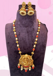 Coral beads set with orange colour stone and beads God laxmi motive pendant